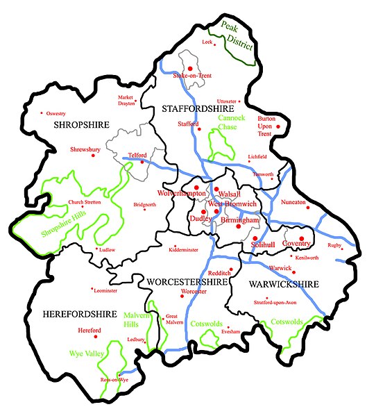 Map Displaying the area covered by the West Midlands Brass Bands Association